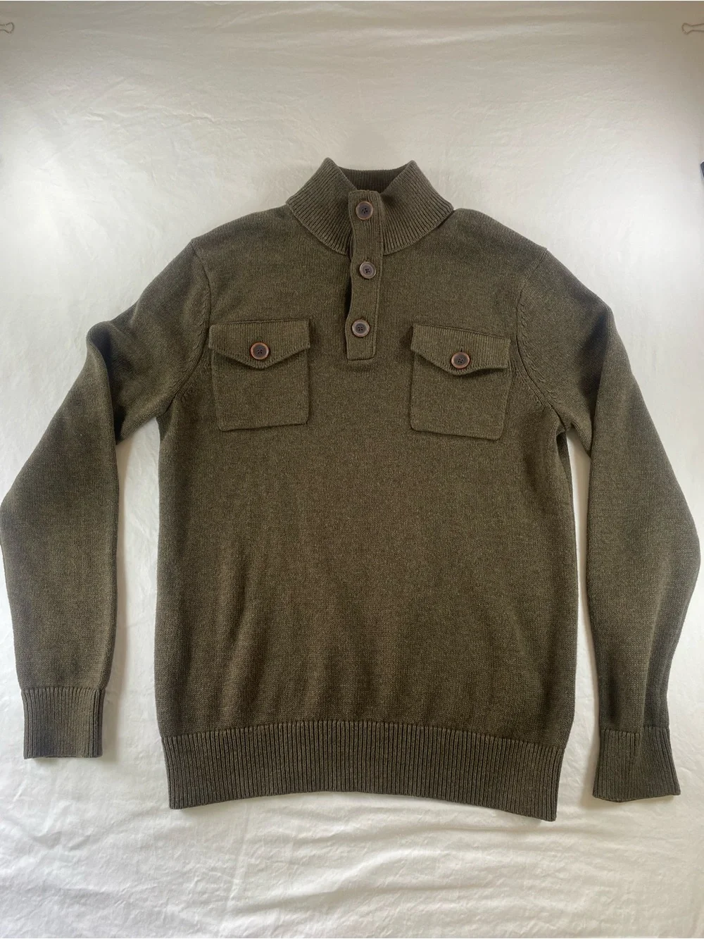 Men's Olive Button-Neck Military Pocket Sweater